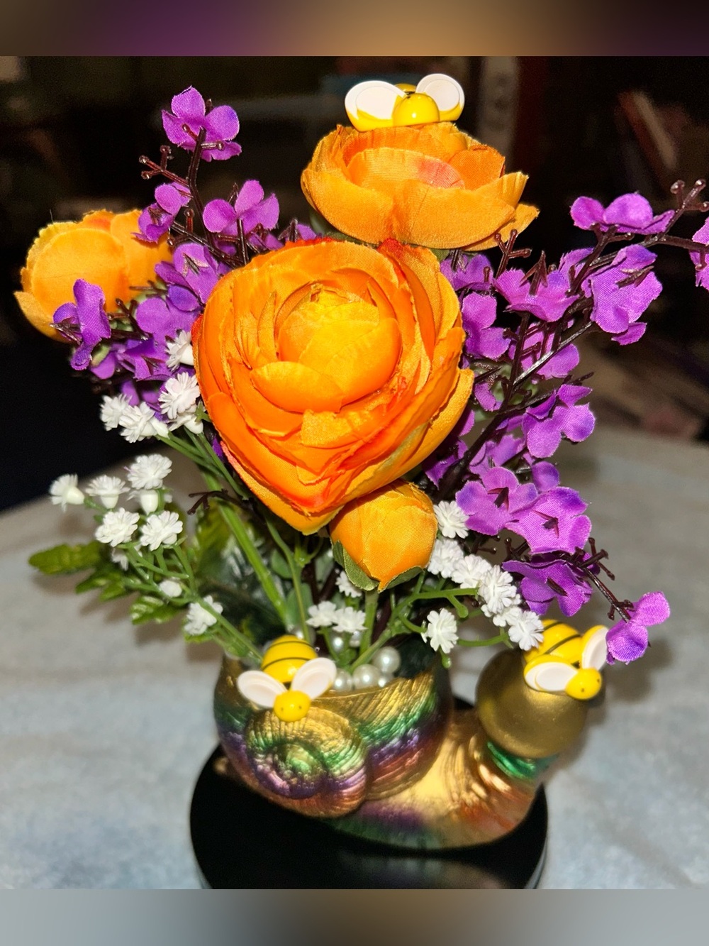ADULT HUMOR SMALL SNAIL FAUX FLORAL ARRANGEMENT/HANDCRAFTED